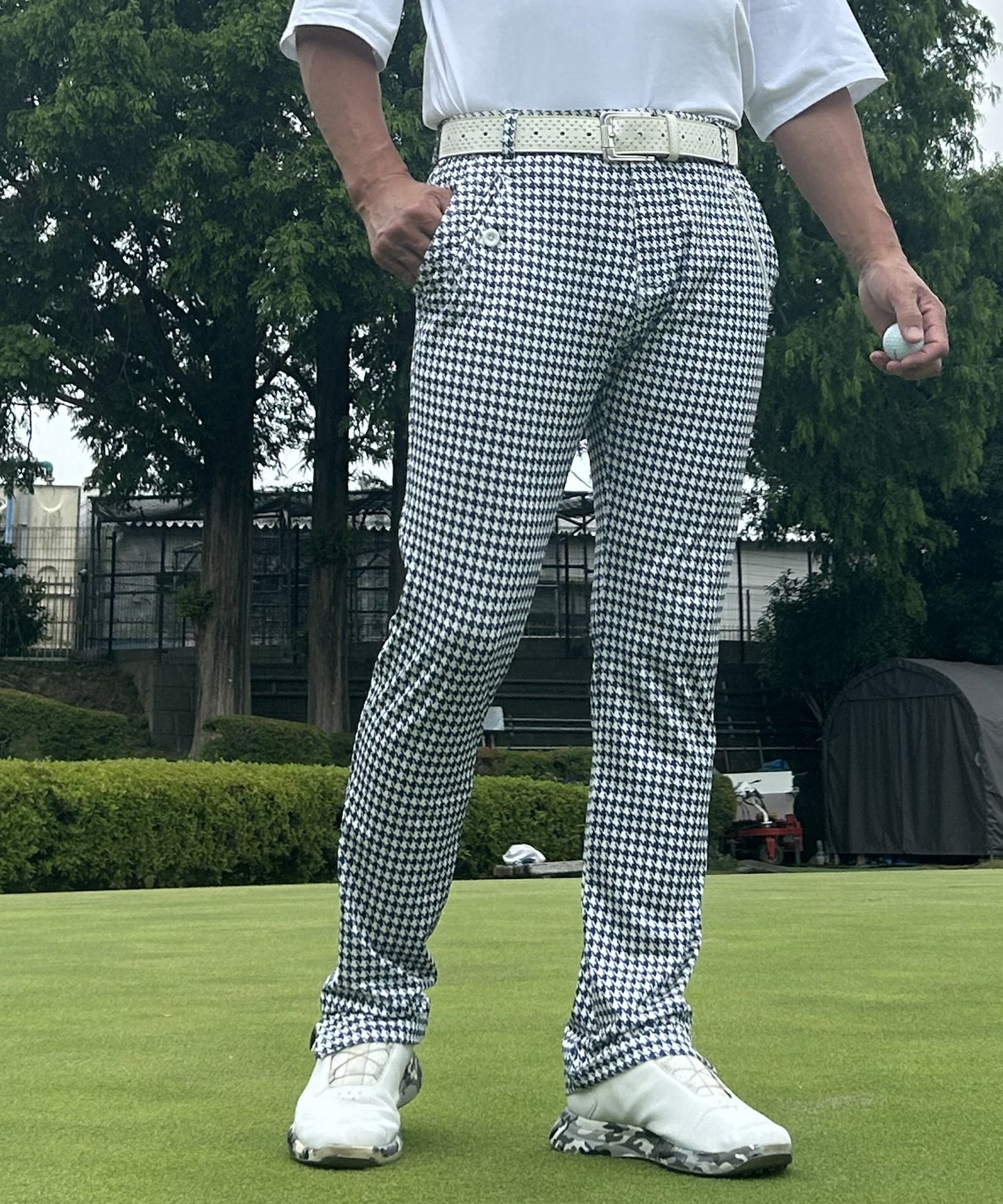 接触冷感 スーパーストレッチ 千鳥格子柄 スタイルアップ ゴルフパンツ(CG-25008)
