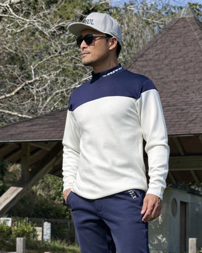 柔らかいポンチ素材 バイカラー モックネック 長袖ゴルフシャツ(CG-LT5011)