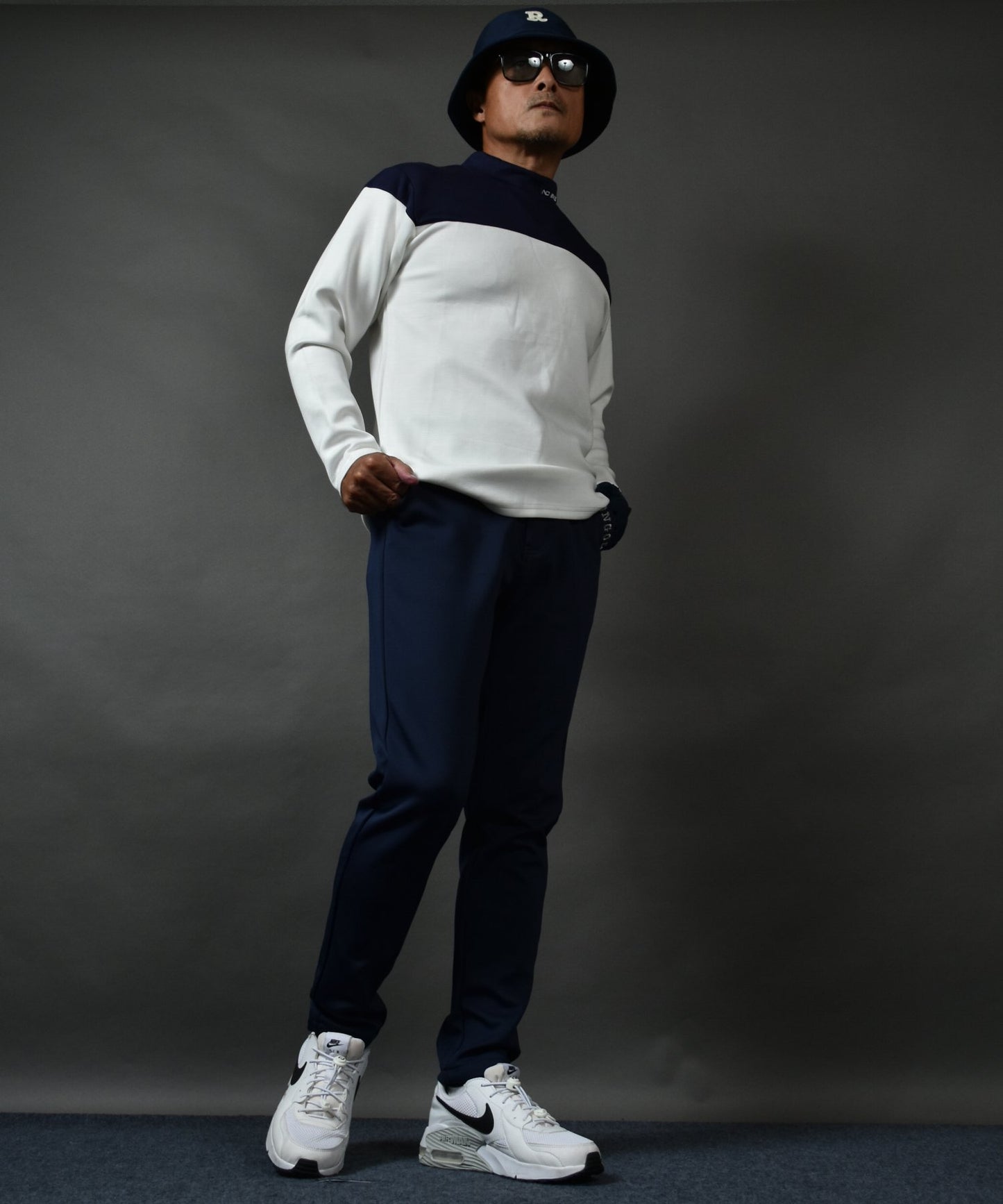 ポンチ素材 バイカラー長袖モックネック&テーパードゴルフパンツ セットアップ(CG-SET5011B)