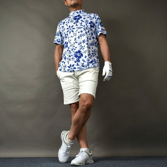 セットで着るだけで完成する、大人の爽やかゴルフコーデ！ボタニカル柄DRYトップス＆サマーコーデュロイショーツSET(CG-SET5007)