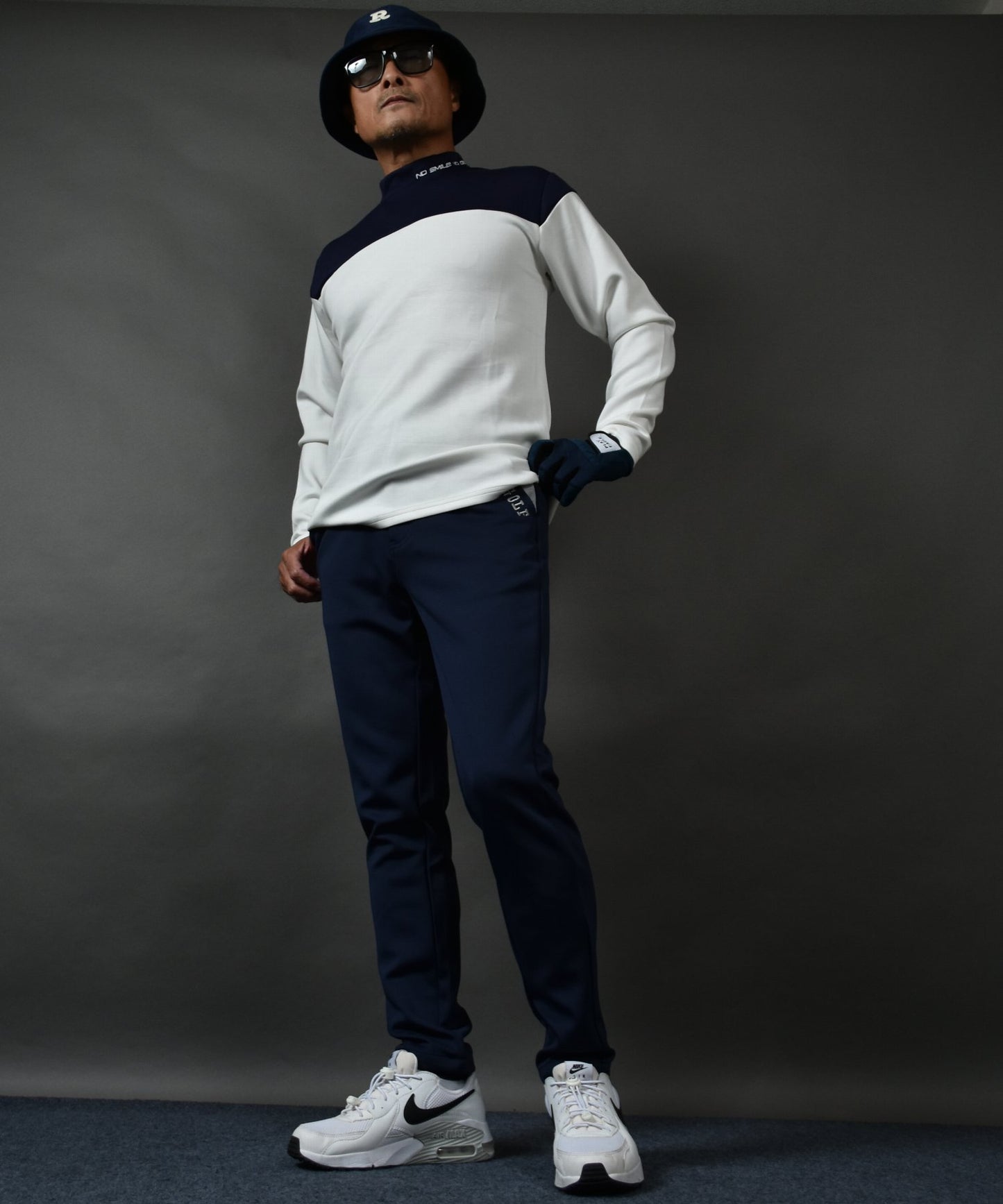 ポンチ素材 バイカラー長袖モックネック&テーパードゴルフパンツ セットアップ(CG-SET5011B)